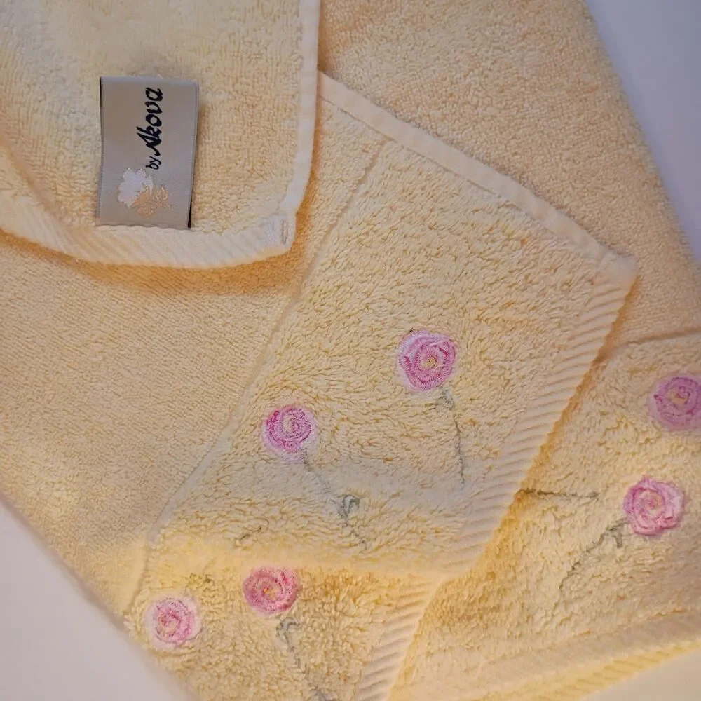 Vintage Turkish Cotton Towels Yellow Pink Embroidered Roses 2 Bath 1 Hand EUC